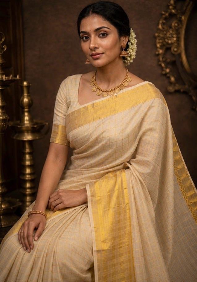 Premium Off-White & Gold Kasavu Handloom Cotton Silk Saree with Woven Checks & Rich Zari Border - Image 4