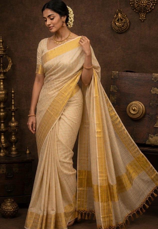 Premium Off-White & Gold Kasavu Handloom Cotton Silk Saree with Woven Checks & Rich Zari Border