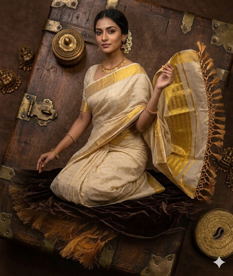 Premium Off-White & Gold Kasavu Handloom Cotton Silk Saree with Woven Checks & Rich Zari Border - Image 5