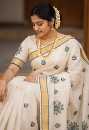 Premium Off-White Kasavu Cotton Silk Saree with Green Peacock Motifs & Golden Zari Border - Image 3