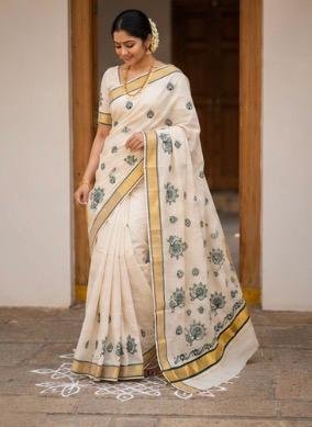 Premium Off-White Kasavu Cotton Silk Saree with Green Peacock Motifs & Golden Zari Border - Image 4