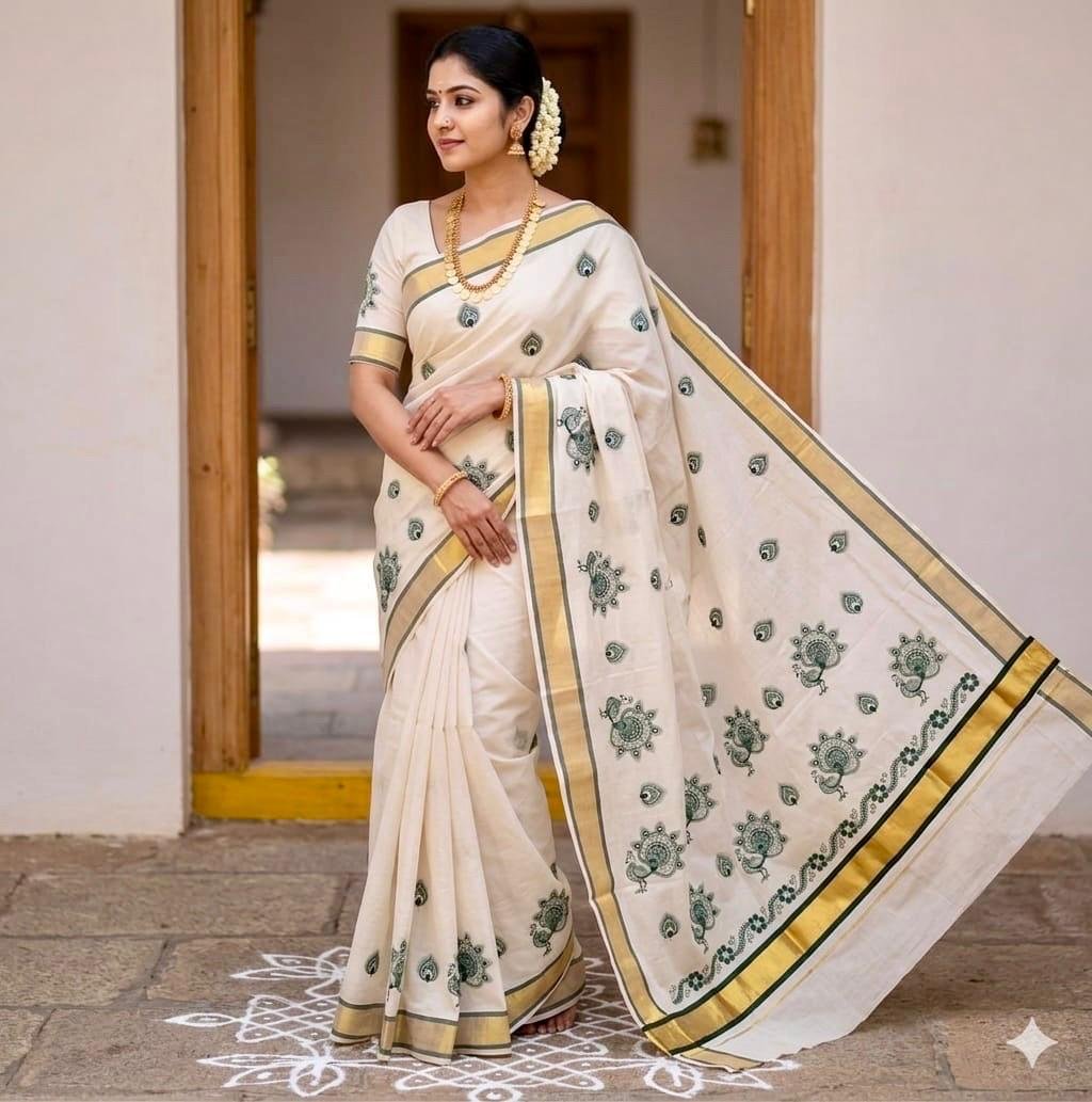 Premium Off-White Kasavu Cotton Silk Saree with Green Peacock Motifs & Golden Zari Border