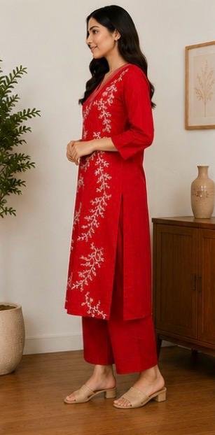 Red Ruby Bloom Embroidered Cotton Kurta Set - Image 5