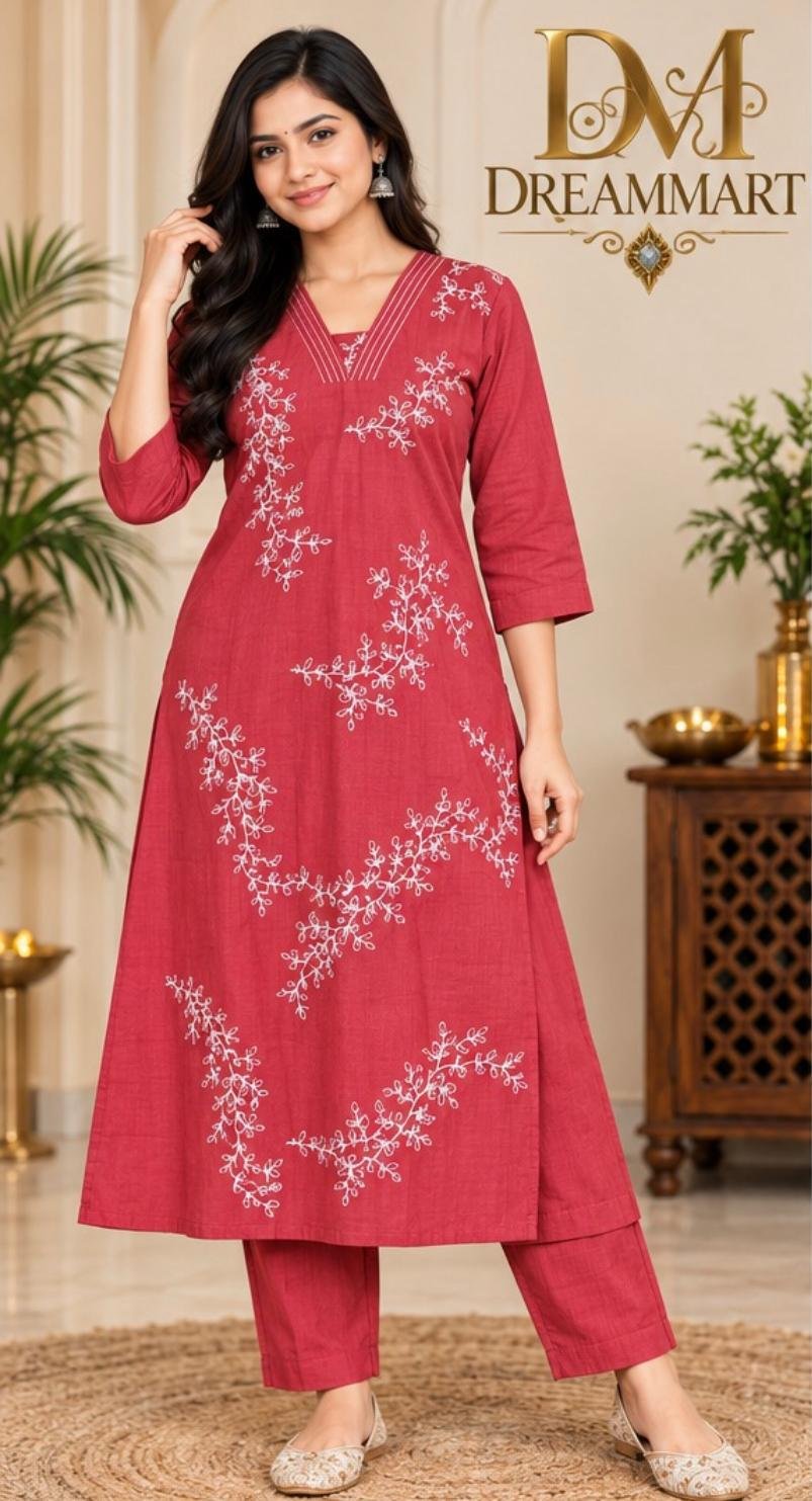 Red Ruby Bloom Embroidered Cotton Kurta Set