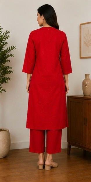 Red Ruby Bloom Embroidered Cotton Kurta Set - Image 4