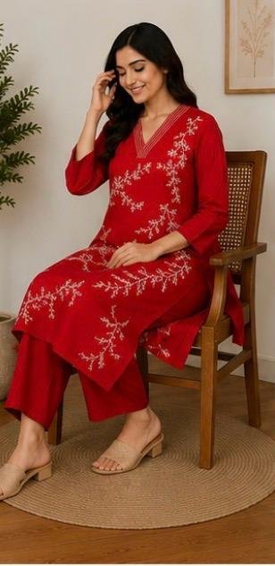 Red Ruby Bloom Embroidered Cotton Kurta Set - Image 3