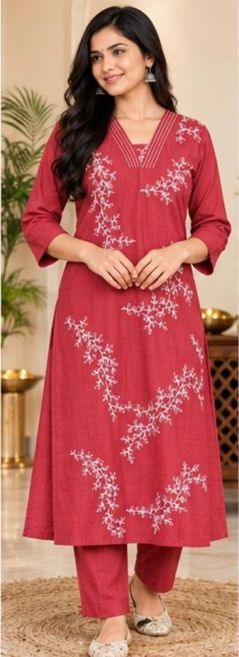 Red Ruby Bloom Embroidered Cotton Kurta Set - Image 2