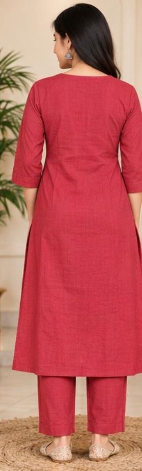 Red Ruby Bloom Embroidered Cotton Kurta Set - Image 3