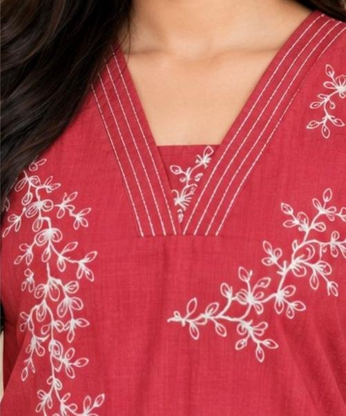 Red Ruby Bloom Embroidered Cotton Kurta Set - Image 4