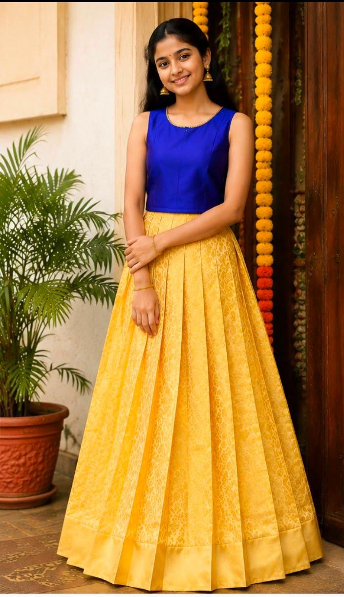 Royal Blue & Golden Brocade Pattu Lehenga Set for Girls