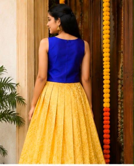 Royal Blue & Golden Brocade Pattu Lehenga Set for Girls - Image 5