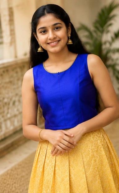 Royal Blue & Golden Brocade Pattu Lehenga Set for Girls - Image 6