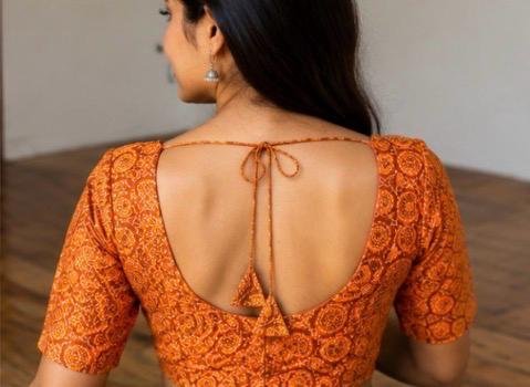 Rust Orange Printed Readymade Saree Blouse - Image 3
