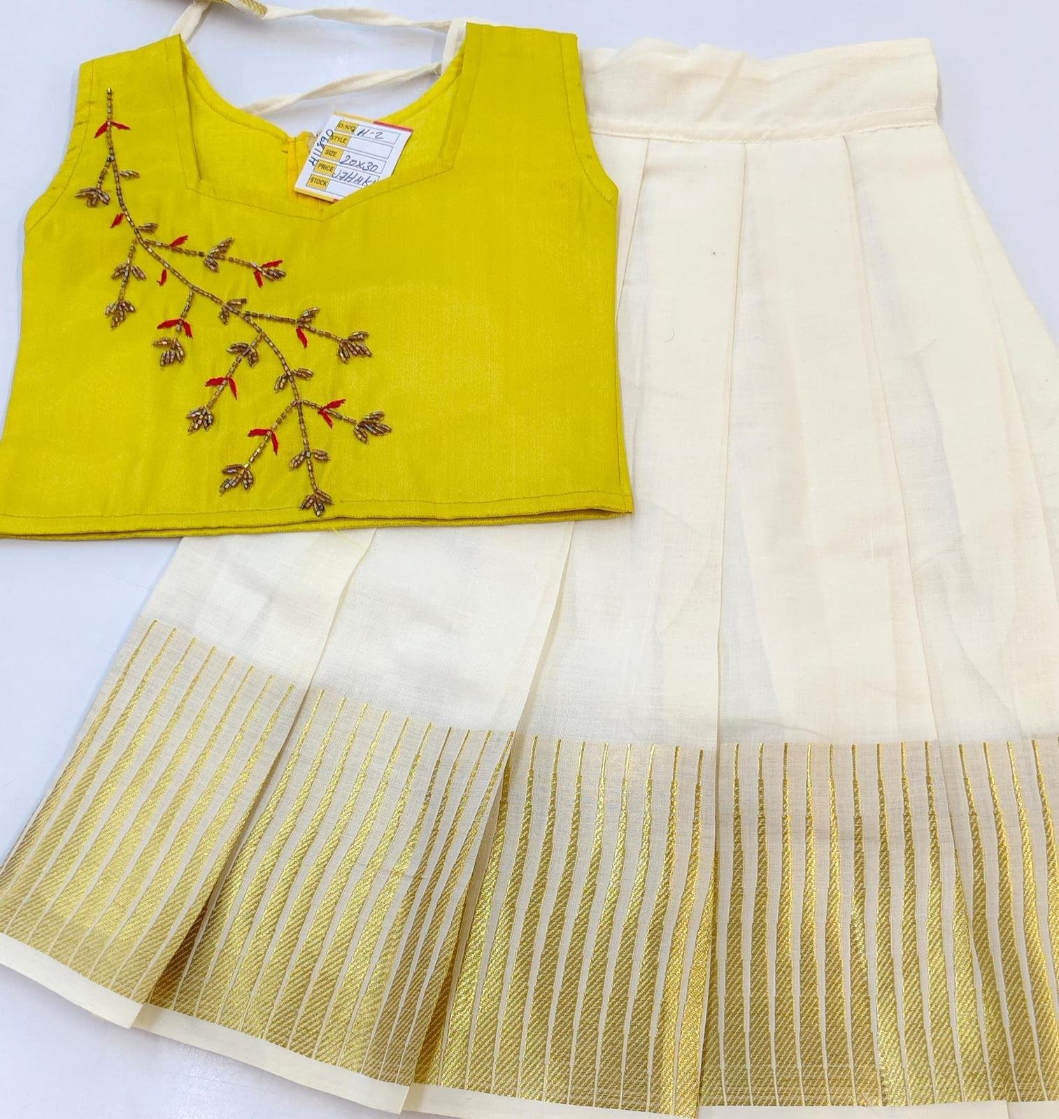 Girls Mustard Yellow Embroidered Blouse with Kerala Pattu Pavada Set - Image 6