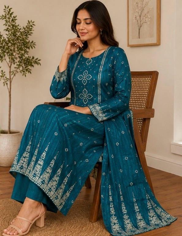 Zara Teal Bandhani Printed 3-Piece Suit Set