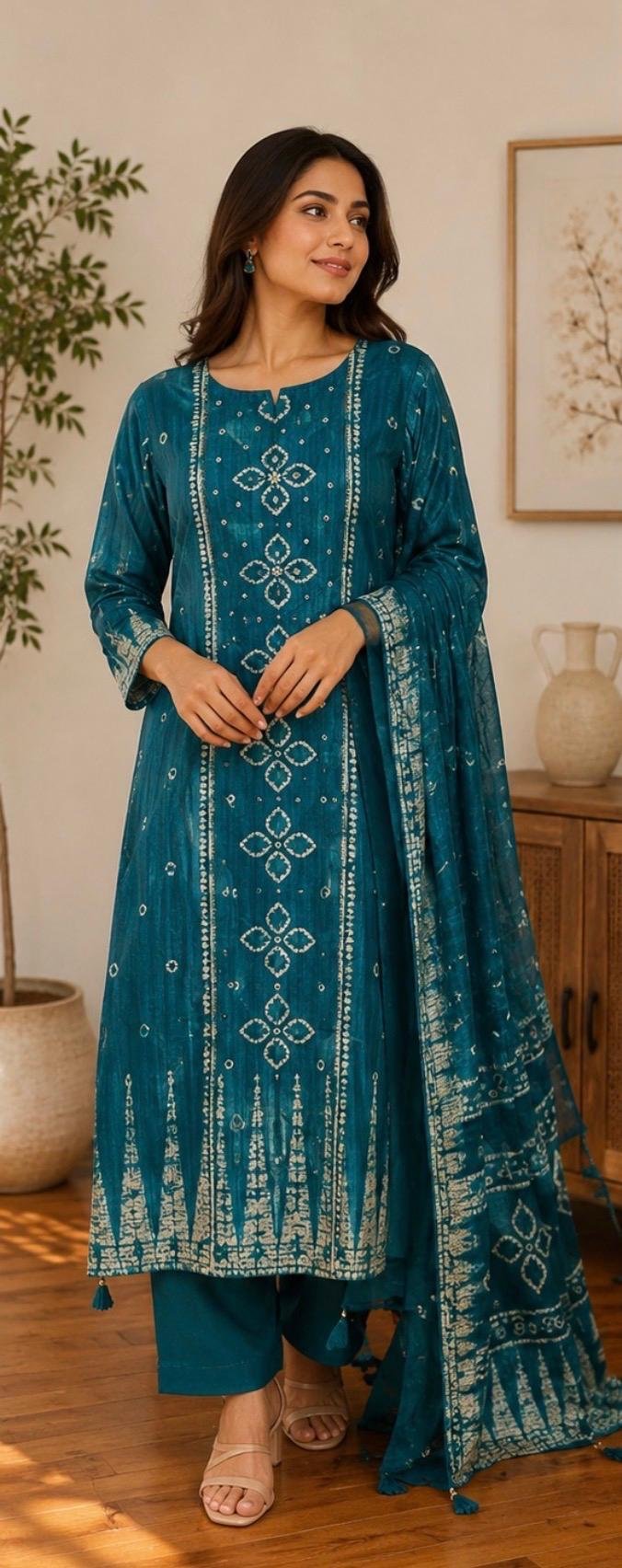 Zara Teal Bandhani Printed 3-Piece Suit Set - Image 3