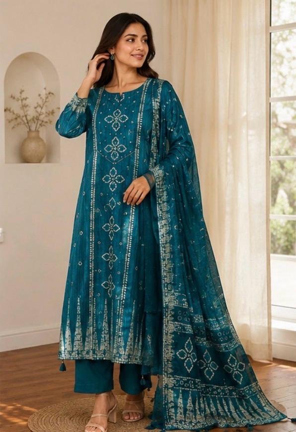 Zara Teal Bandhani Printed 3-Piece Suit Set - Image 2