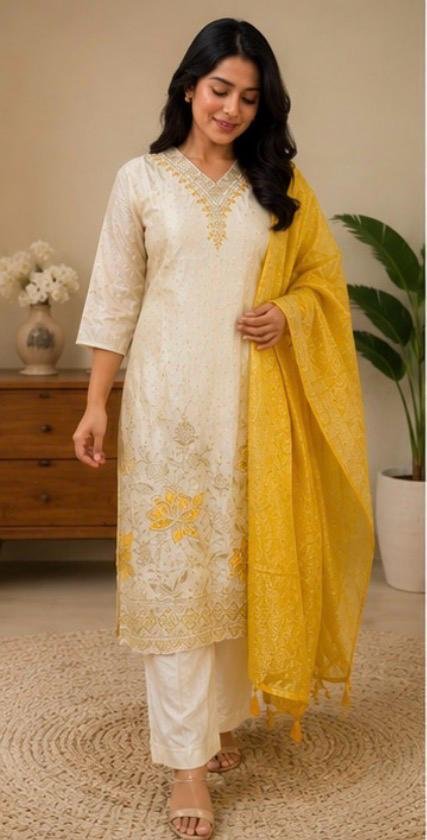 Ivory Gold Floral Embroidered Silk Blend Kurti Set with Yellow Dupatta - Image 5