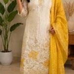 Ivory Gold Floral Embroidered Silk Blend Kurti Set with Yellow Dupatta