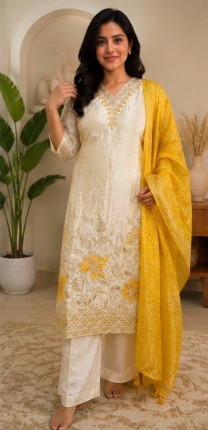 Ivory Gold Floral Embroidered Silk Blend Kurti Set with Yellow Dupatta