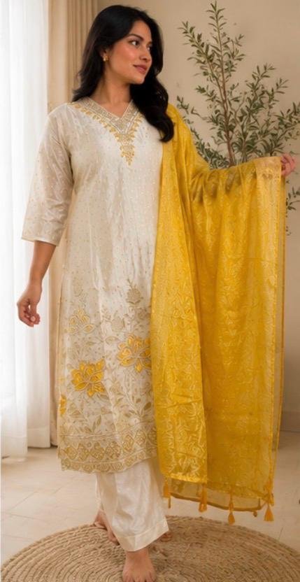 Ivory Gold Floral Embroidered Silk Blend Kurti Set with Yellow Dupatta - Image 3