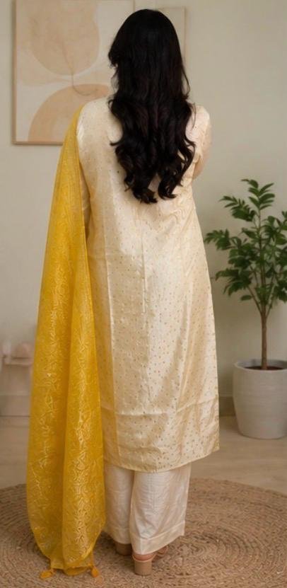 Ivory Gold Floral Embroidered Silk Blend Kurti Set with Yellow Dupatta - Image 2