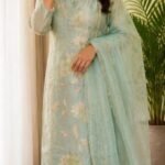 Mint Green Floral Embroidered Silk Blend Kurti Set with Organza Dupatta