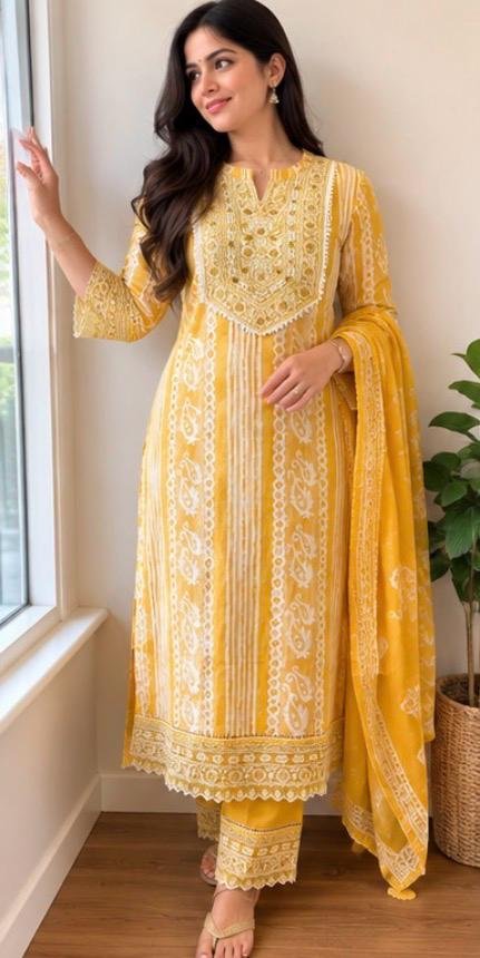 Mustard Yellow Mirror Work Cotton Kurta Set - Image 5