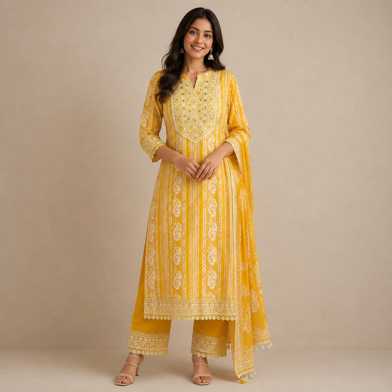 Mustard Yellow Mirror Work Cotton Kurta Set - Image 3