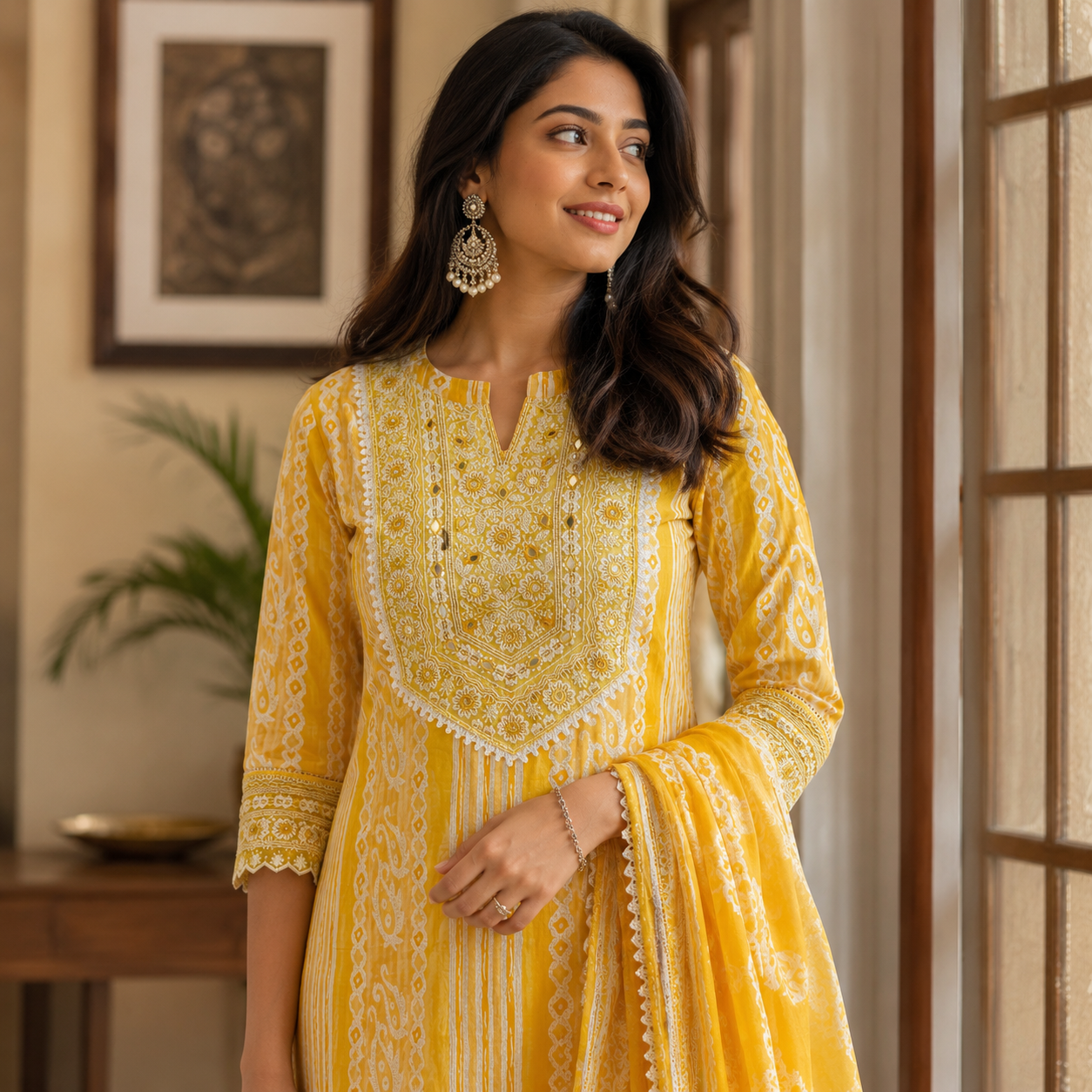 Mustard Yellow Mirror Work Cotton Kurta Set - Image 2