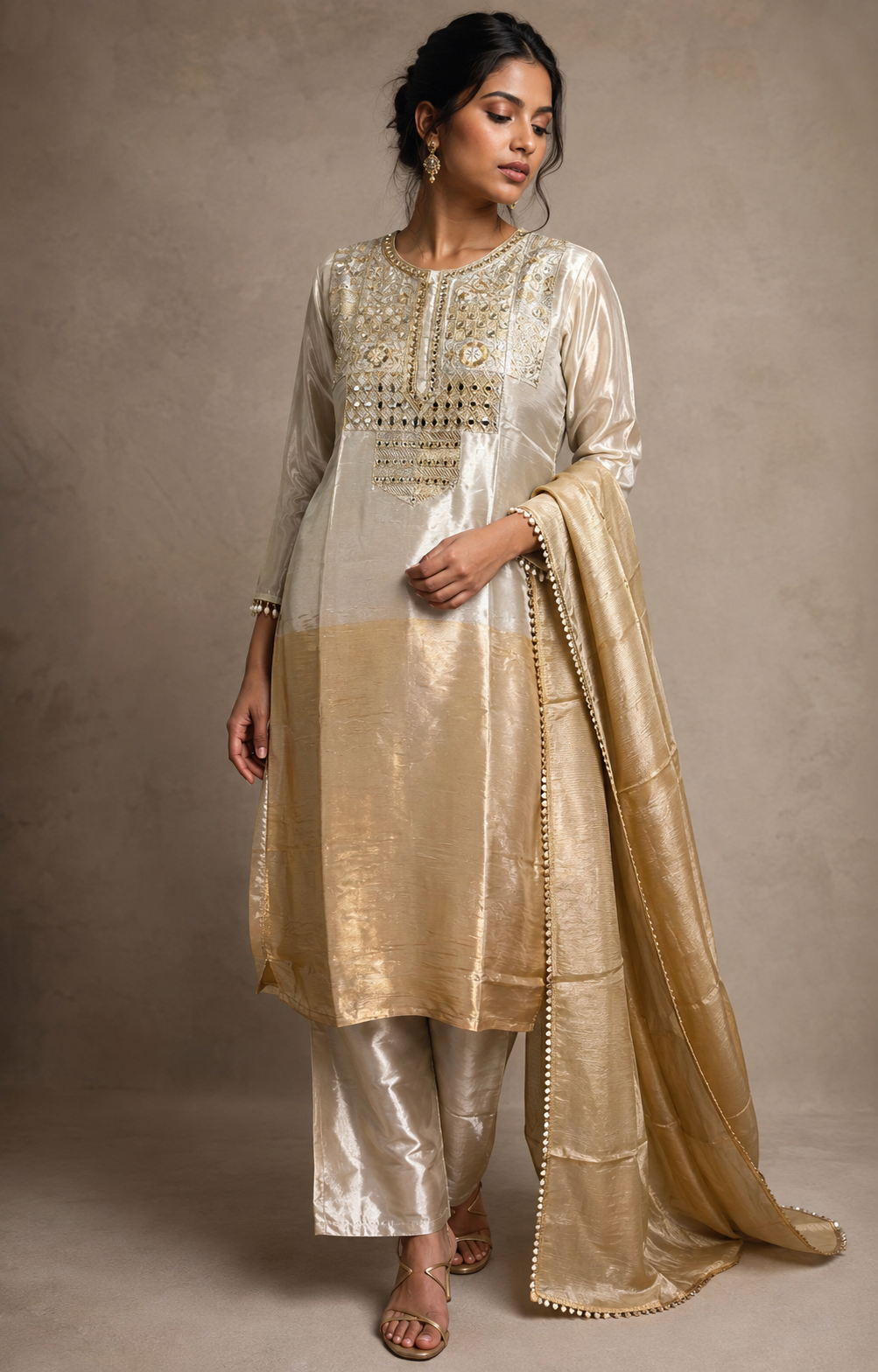 Noor-e-Champagne Mirror Embroidered Silk Suit Set - Image 2