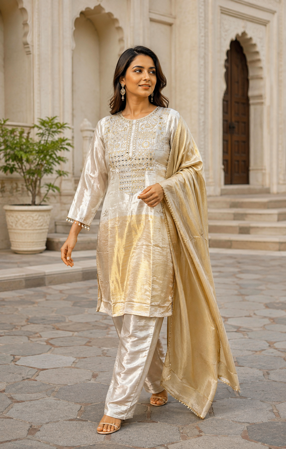 Noor-e-Champagne Mirror Embroidered Silk Suit Set - Image 3