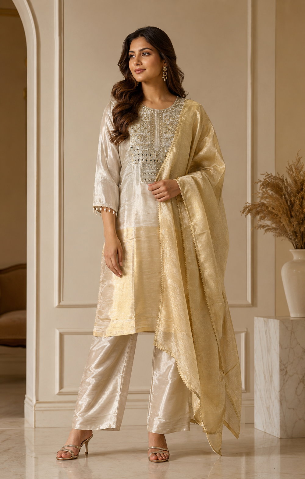 Noor-e-Champagne Mirror Embroidered Silk Suit Set - Image 4