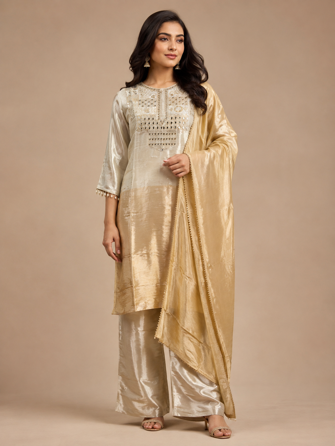 Noor-e-Champagne Mirror Embroidered Silk Suit Set
