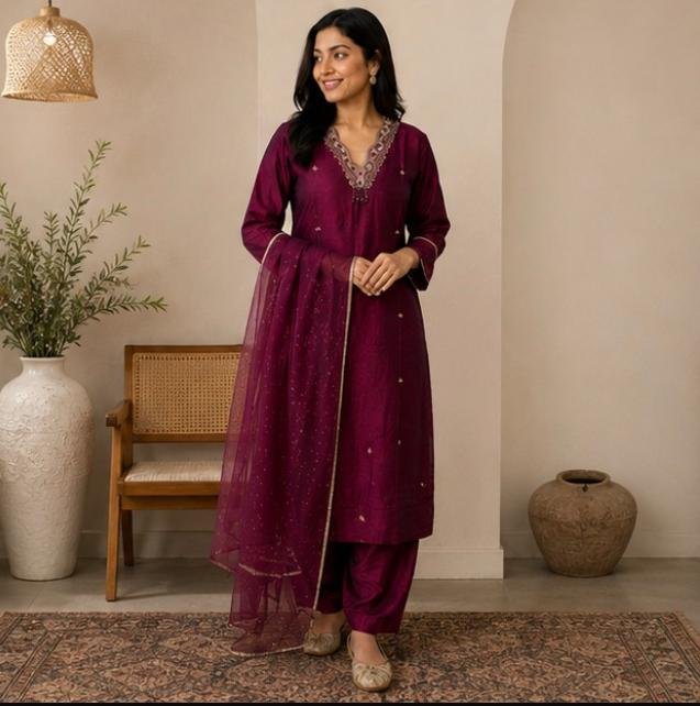 Royal Plum Embroidered Silk Salwar Suit