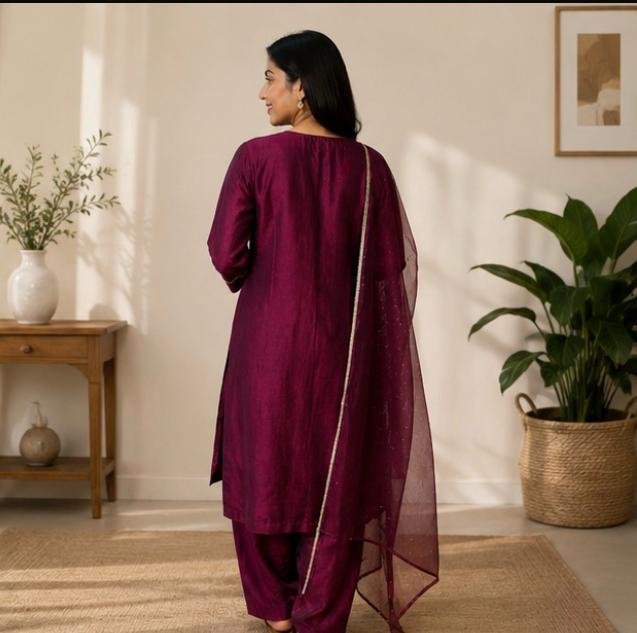 Royal Plum Embroidered Silk Salwar Suit - Image 3