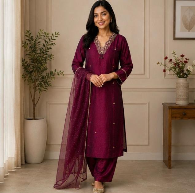 Royal Plum Embroidered Silk Salwar Suit - Image 2