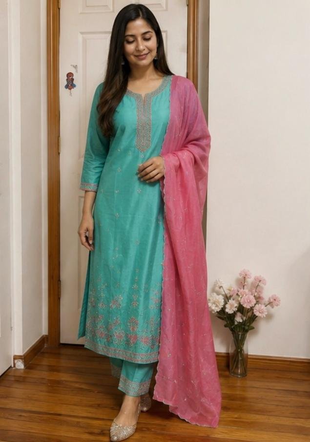 Turquoise Bloom Embroidered Salwar Suit Set